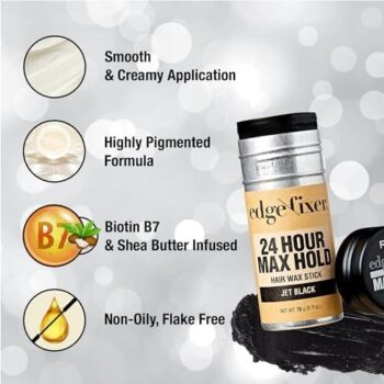 Red by Kiss Hair Wax Stick 24HR Max Hold Edge Fixer Edge Control Pomade Non-Sticky (Jet Black)